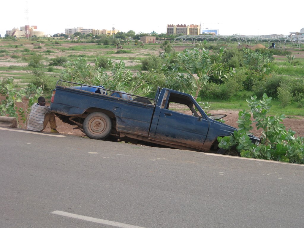 Blue pickup truck after crash in Burkina Faso, 2009